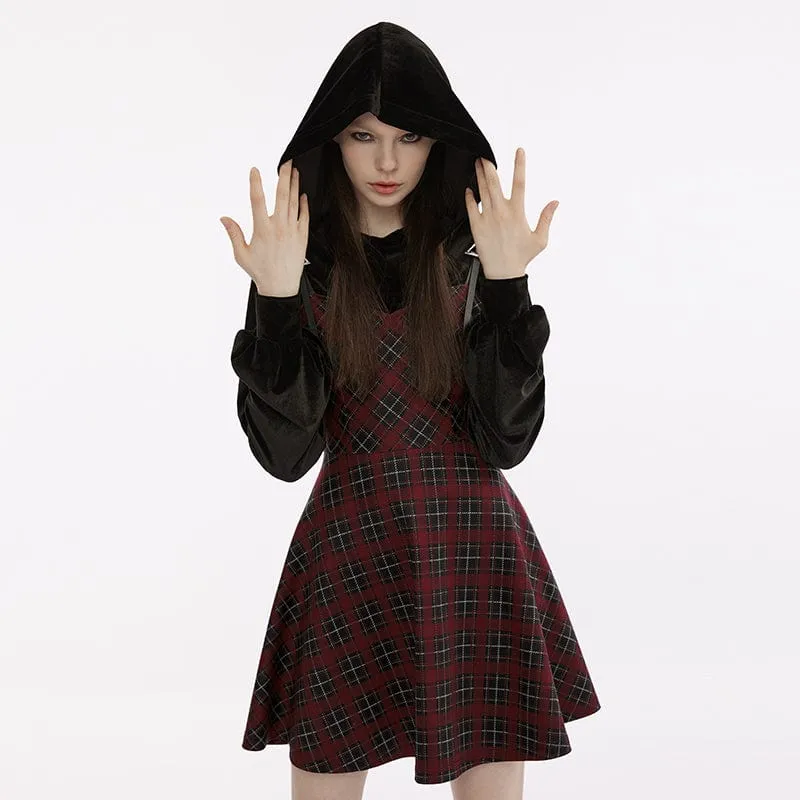 Damen Grunge Plaid Splice Samtkleid mit Kapuze
