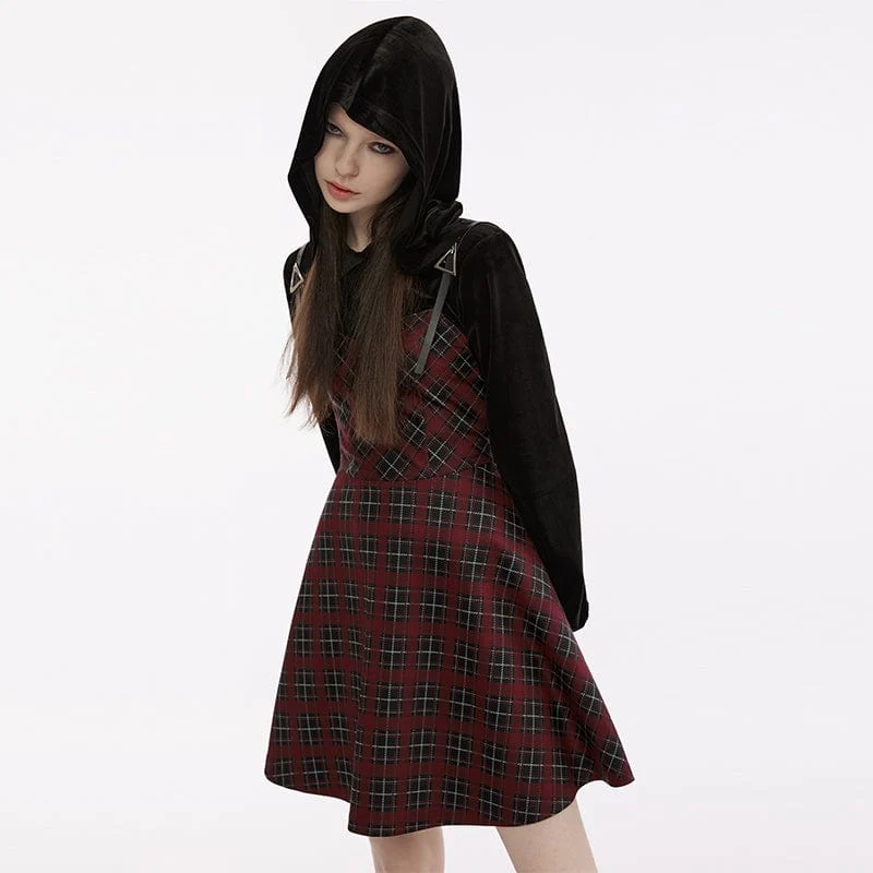 Damen Grunge Plaid Splice Samtkleid mit Kapuze