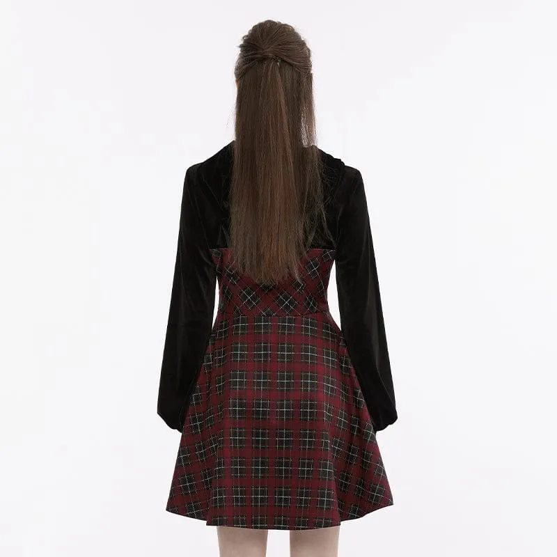 Damen Grunge Plaid Splice Samtkleid mit Kapuze