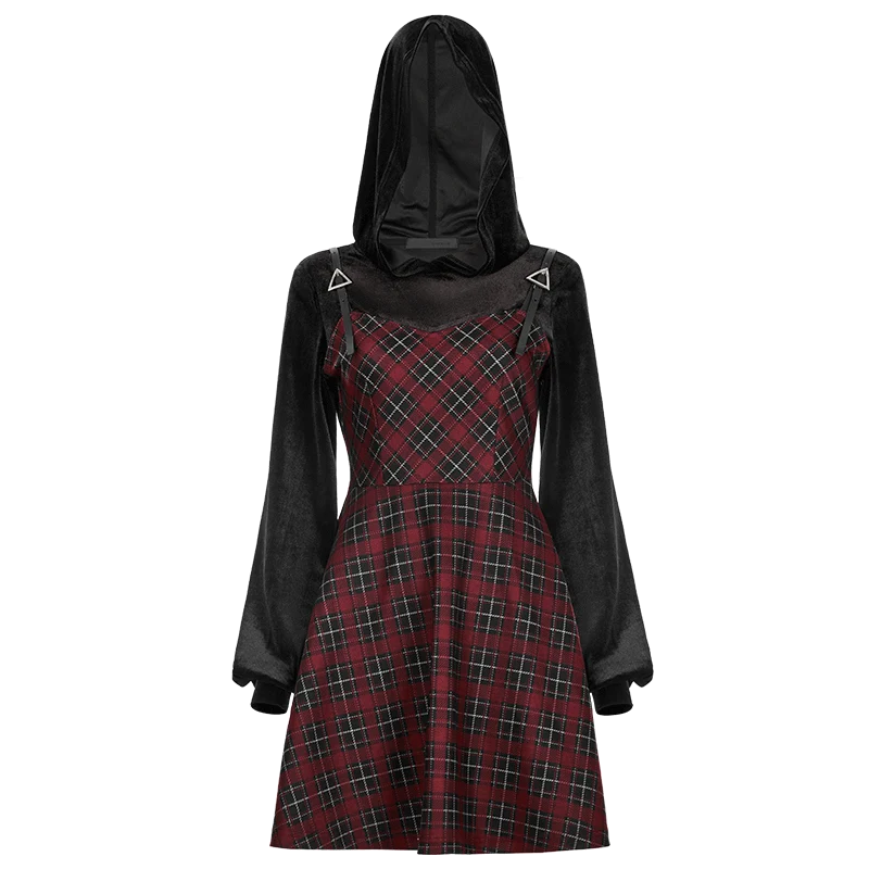 Damen Grunge Plaid Splice Samtkleid mit Kapuze