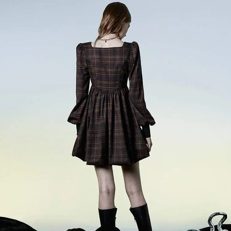 Damen Grunge Puffärmel kariertes kurzes Kleid