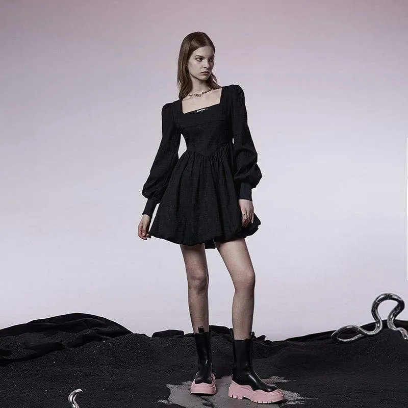Damen Grunge Puffärmel kariertes kurzes Kleid