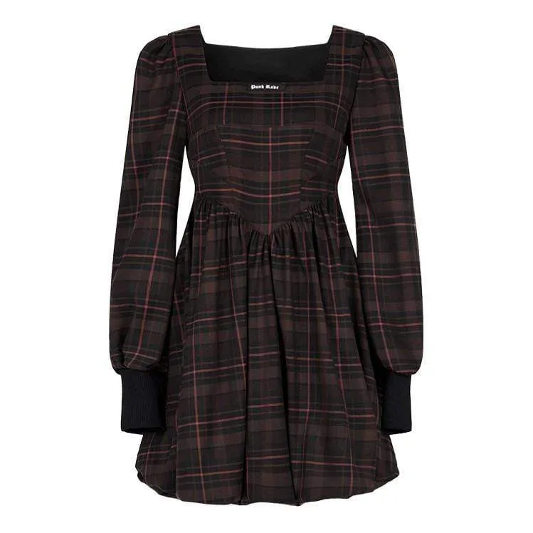 Damen Grunge Puffärmel kariertes kurzes Kleid