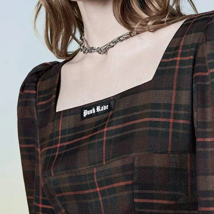 Damen Grunge Puffärmel kariertes kurzes Kleid