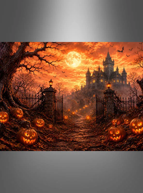 Halloween Hintergrund Schloss mit Kürbissen 170x200cm