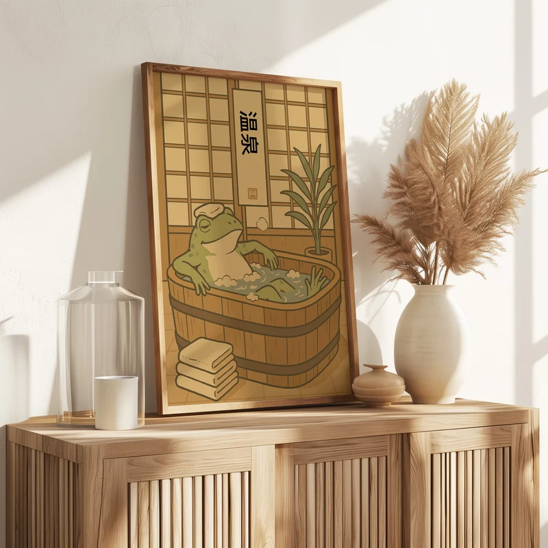 Japanischer Frosch in der Badewanne Poster Badezimmer Dekoration – Japanische Wandkunst