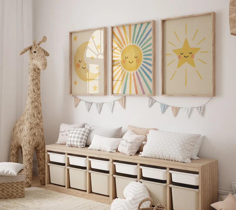 Poster Kinderzimmer Sonne, Mond, Sterne Bilder Babyzimmer Deko Boho 1, 2 oder 3er Set