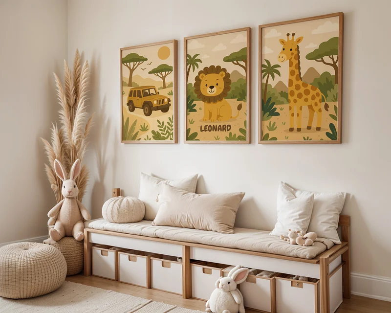 Safari Poster Personalisiert mit Namen für Kinderzimmer, Bilder Löwe, Giraffe, Geländewagen, Hakuna Matata - Einzeln oder als SET