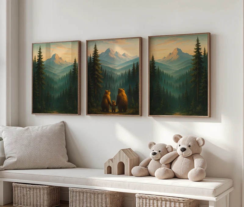 Kinderzimmer Poster Set Tiere - 3 Bären Familie - Babyzimmer Drucke