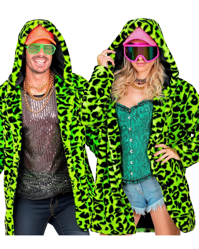 Neon Grüne Lepoarden Plüschjacke mit Kapuze