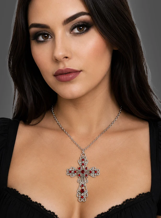 Kreuz Kette mit roten Steinen