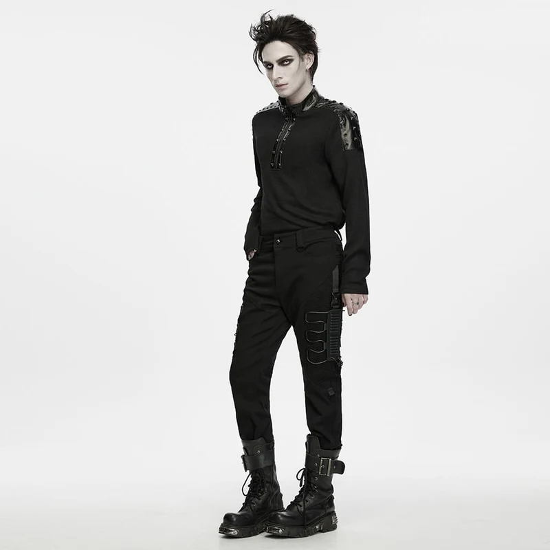 Punk-Herren-Langarmshirt mit Nieten, Ösen, Reißverschluss und Stehkragen