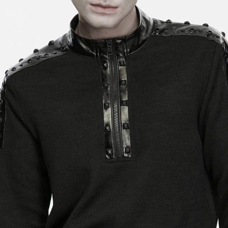Punk-Herren-Langarmshirt mit Nieten, Ösen, Reißverschluss und Stehkragen