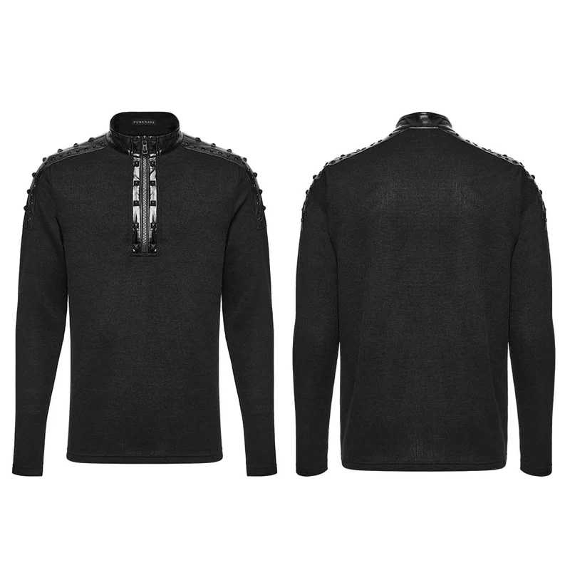 Punk-Herren-Langarmshirt mit Nieten, Ösen, Reißverschluss und Stehkragen