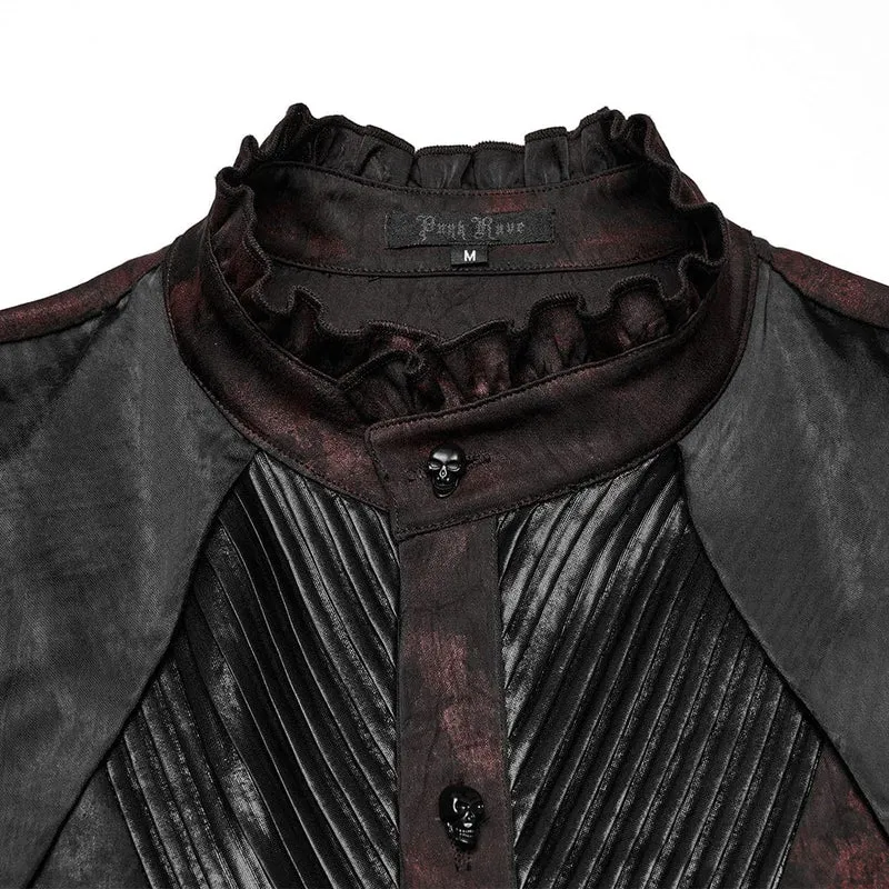Herren Gothic Rüschen Stehkragen Plissee Hemd Rot