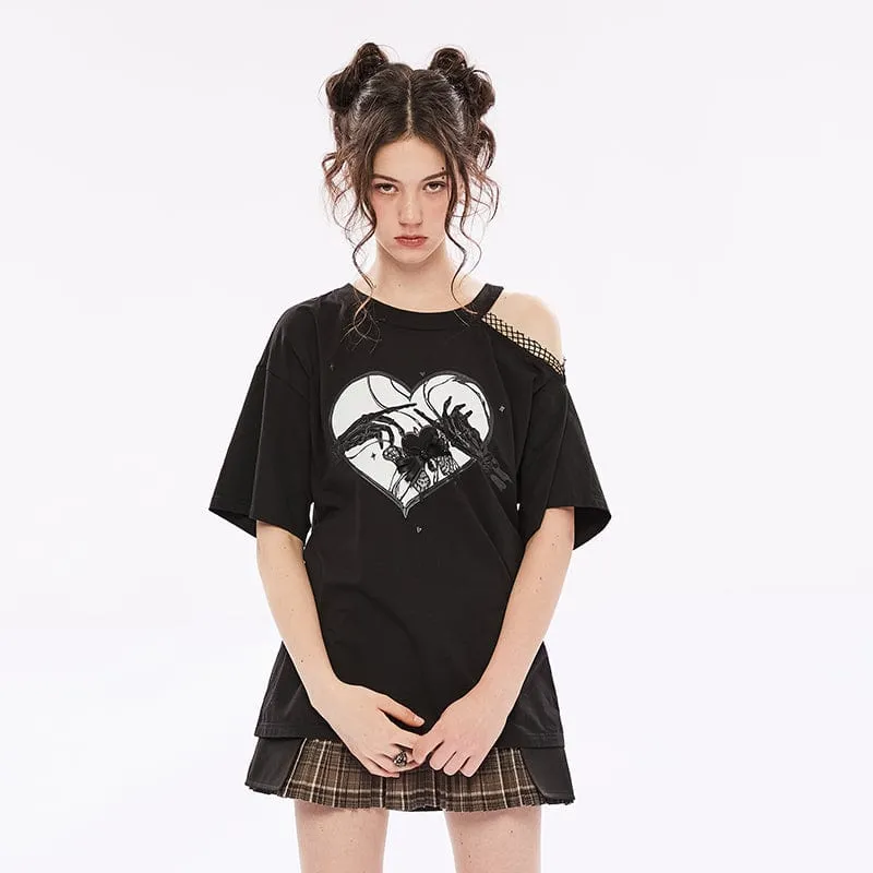 Lässiges T-Shirt mit Slash-Schulter und Punk-Schädeldruck für Damen