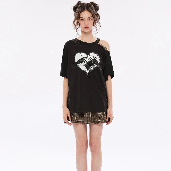 Lässiges T-Shirt mit Slash-Schulter und Punk-Schädeldruck für Damen