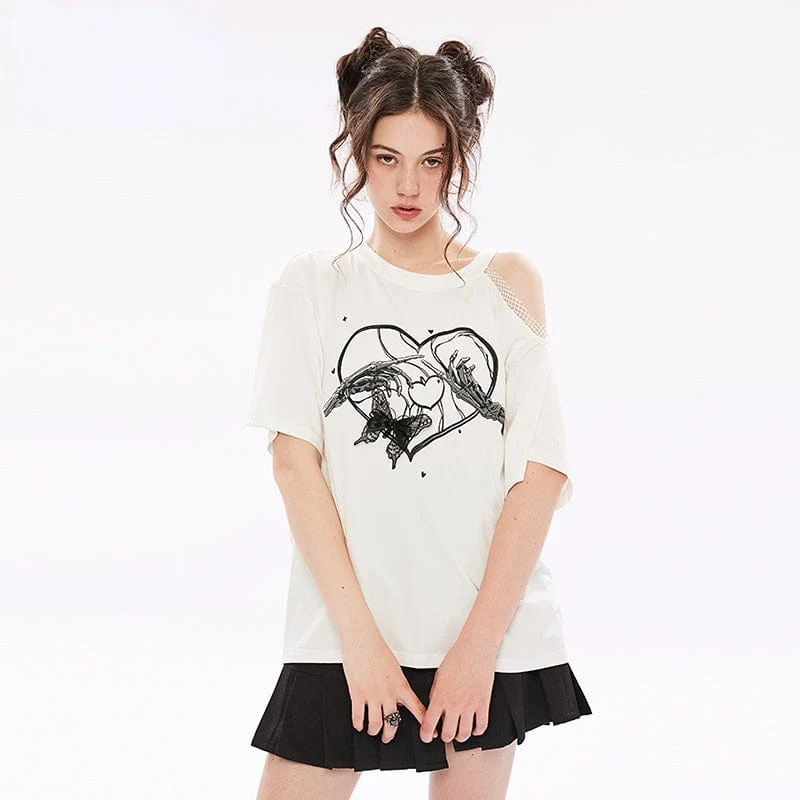 Lässiges T-Shirt mit Slash-Schulter und Punk-Schädeldruck für Damen