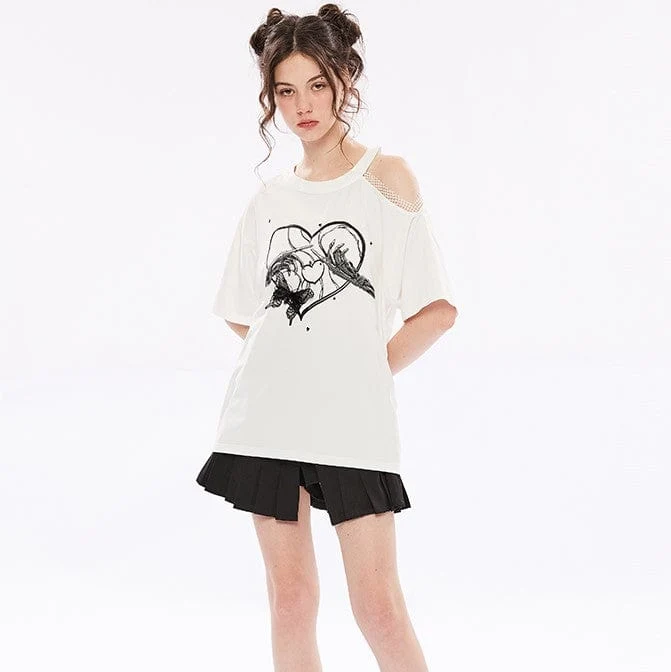 Lässiges T-Shirt mit Slash-Schulter und Punk-Schädeldruck für Damen