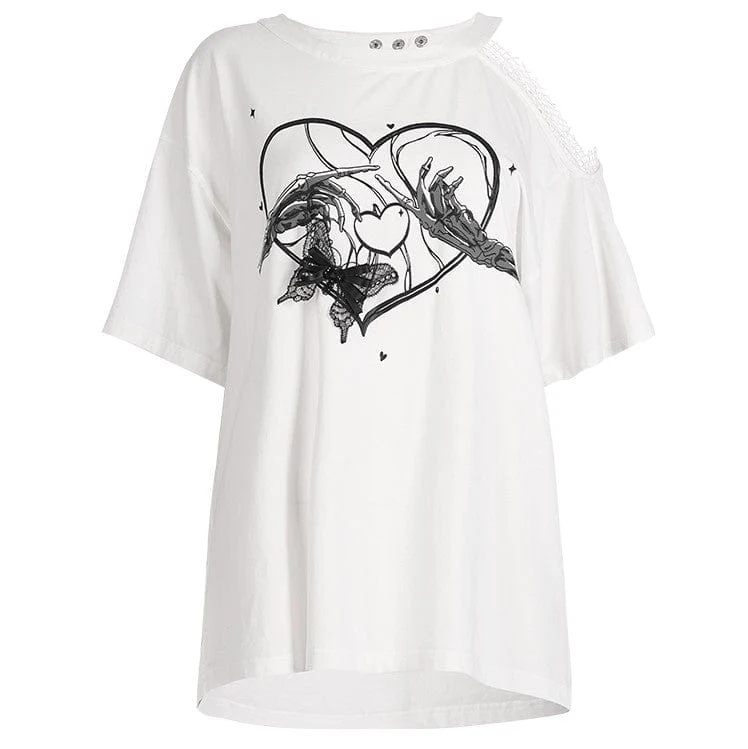 Lässiges T-Shirt mit Slash-Schulter und Punk-Schädeldruck für Damen