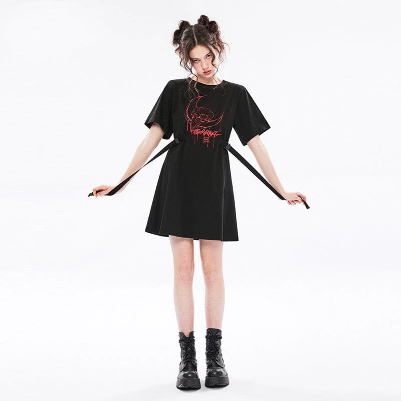 Lässiges T-Shirt-Kleid mit Grunge-Schädel-Print für Damen mit Trägern