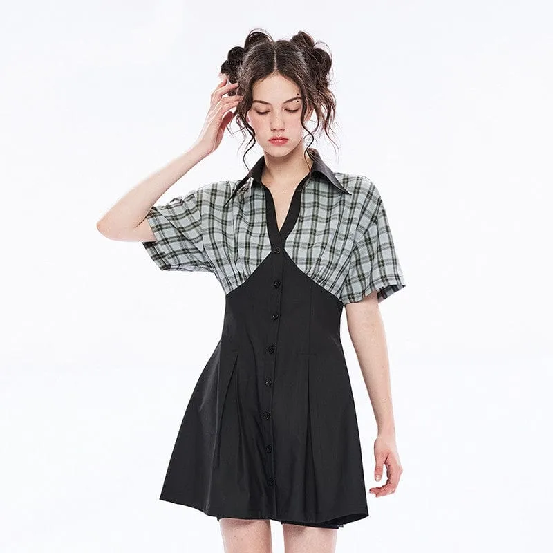 Damen-Grunge-V-Ausschnitt, grün kariertes Splice-Kurzarmkleid