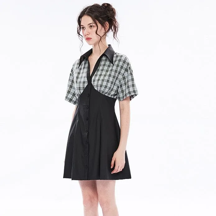 Damen-Grunge-V-Ausschnitt, grün kariertes Splice-Kurzarmkleid