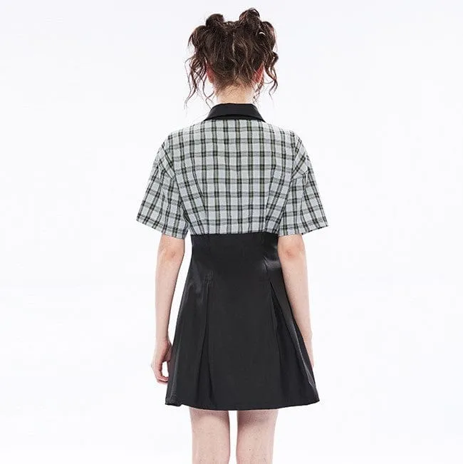 Damen-Grunge-V-Ausschnitt, grün kariertes Splice-Kurzarmkleid