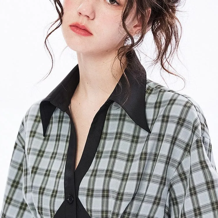 Damen-Grunge-V-Ausschnitt, grün kariertes Splice-Kurzarmkleid