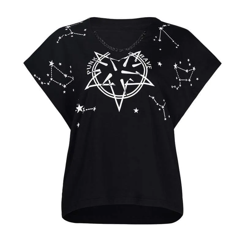 Damen Grunge Moon Bedrucktes T-Shirt mit lockerem Kurzarm und V-Ausschnitt