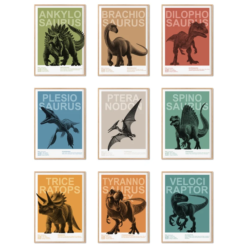 Dinosaurier Poster Kinderzimmer Deko - Dino Print Wanddekoration T-Rex Bilder 3er, 6er, 9er Set