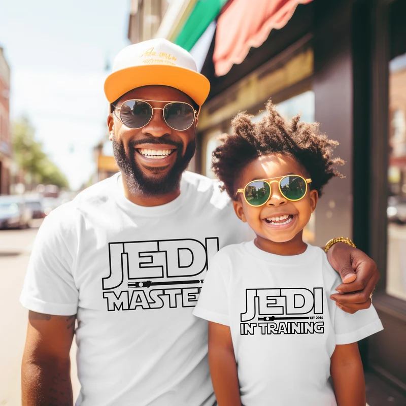Vater Sohn Partnerlook Jedi Master Young Padawan Shirts Mutter Tochter Outfit Baby Geschenk Babybody bedruckt Vatertagsgeschenk Papa Shirt