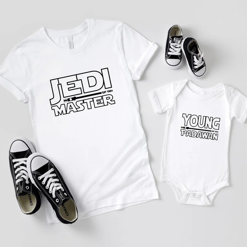 Vater Sohn Partnerlook Jedi Master Young Padawan Shirts Mutter Tochter Outfit Baby Geschenk Babybody bedruckt Vatertagsgeschenk Papa Shirt