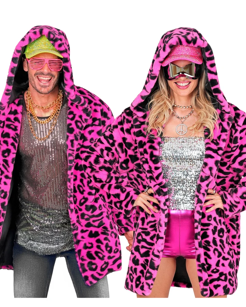 Neon Pinke Plüschjacke mit Leopardenmuster & Kapuze