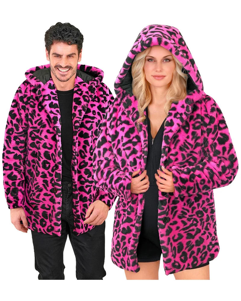 Neon Pinke Plüschjacke mit Leopardenmuster & Kapuze
