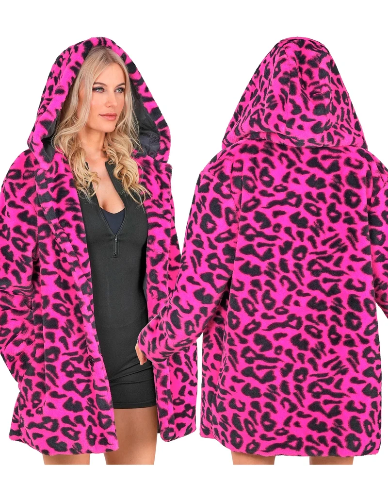Neon Pinke Plüschjacke mit Leopardenmuster & Kapuze