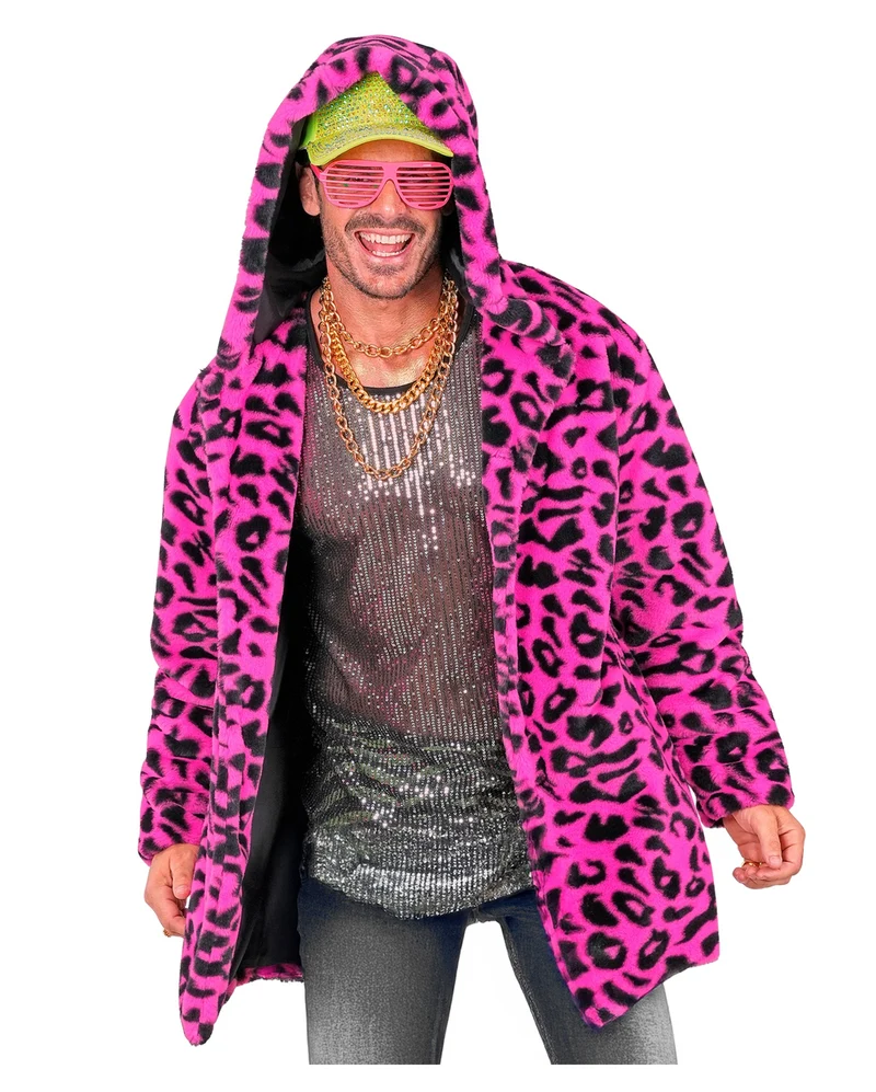 Neon Pinke Plüschjacke mit Leopardenmuster & Kapuze