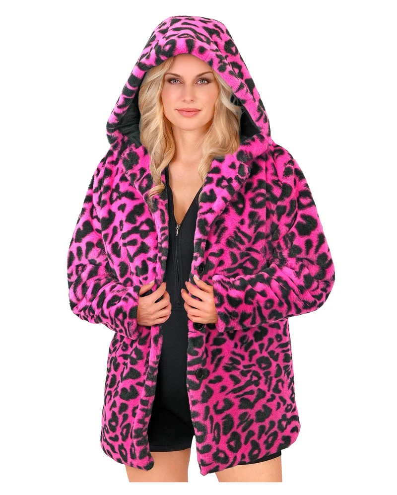 Neon Pinke Plüschjacke mit Leopardenmuster & Kapuze