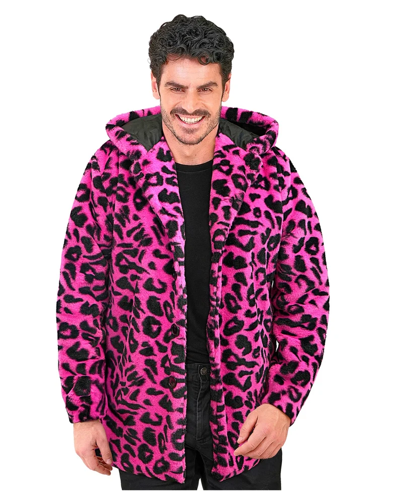 Neon Pinke Plüschjacke mit Leopardenmuster & Kapuze