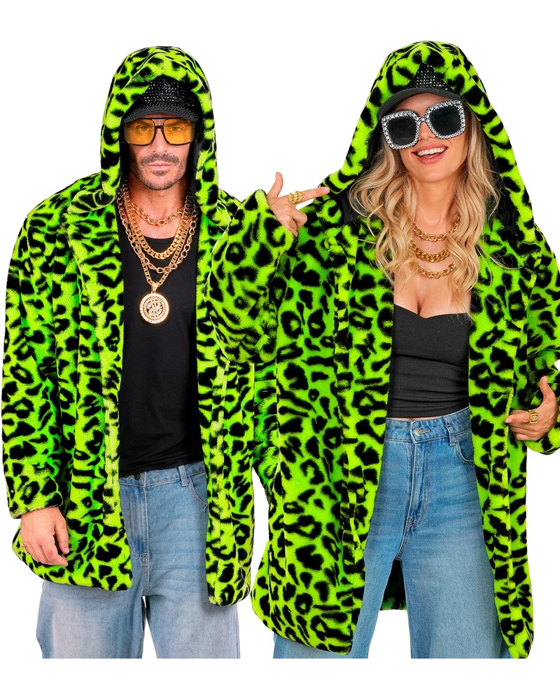 Neon Grüne Plüschjacke mit Leopardenmuster & Kapuze