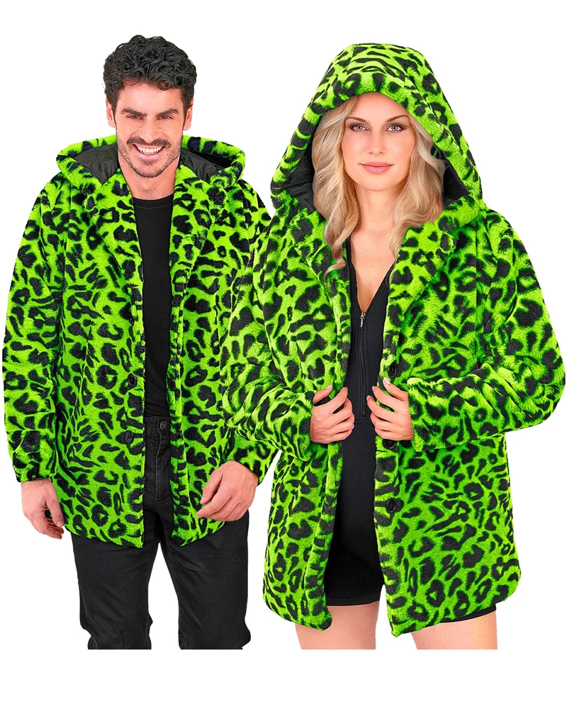 Neon Grüne Plüschjacke mit Leopardenmuster & Kapuze