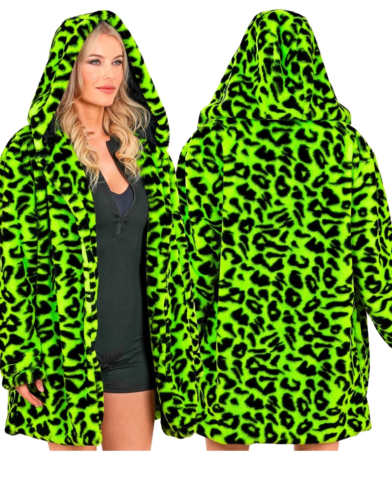 Neon Grüne Plüschjacke mit Leopardenmuster & Kapuze