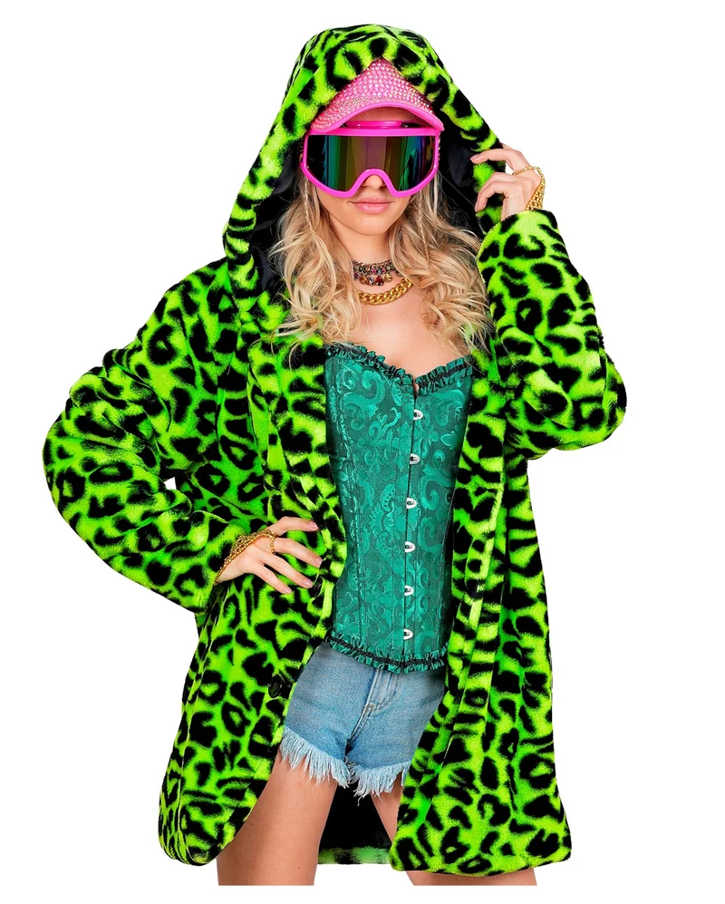 Neon Grüne Plüschjacke mit Leopardenmuster & Kapuze