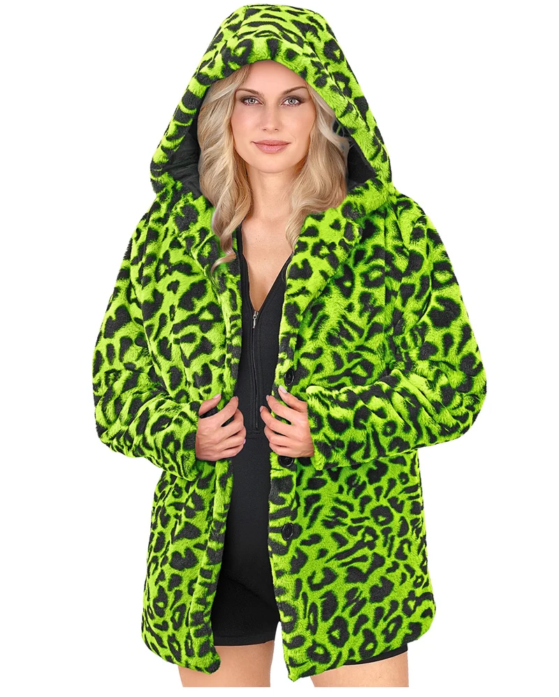 Neon Grüne Plüschjacke mit Leopardenmuster & Kapuze