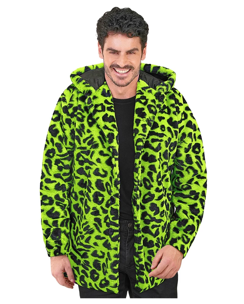 Neon Grüne Plüschjacke mit Leopardenmuster & Kapuze