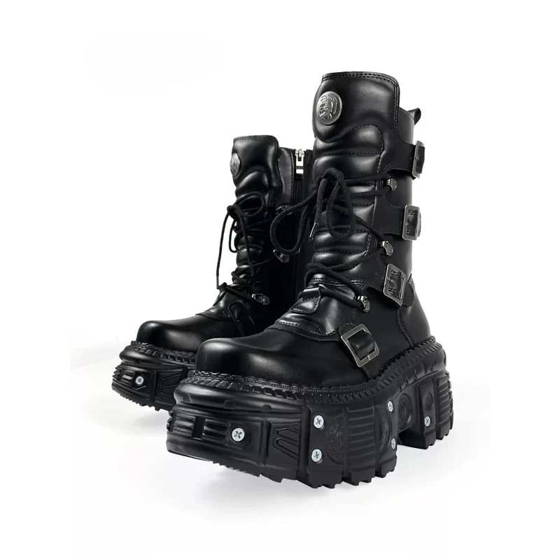 Punk-Stiefeletten für Damen mit mehreren Schnallenriemen, seitlichem Reißverschluss und Plateauabsatz