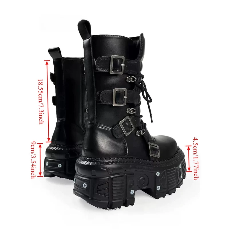 Punk-Stiefeletten für Damen mit mehreren Schnallenriemen, seitlichem Reißverschluss und Plateauabsatz