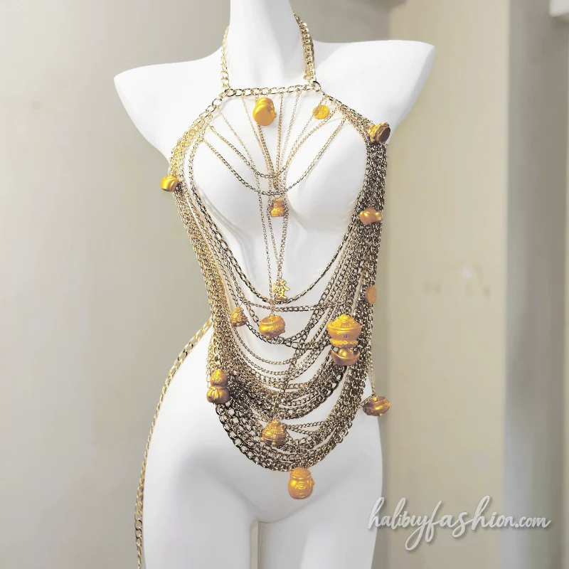 Halter self tie v neck metal chain backless top