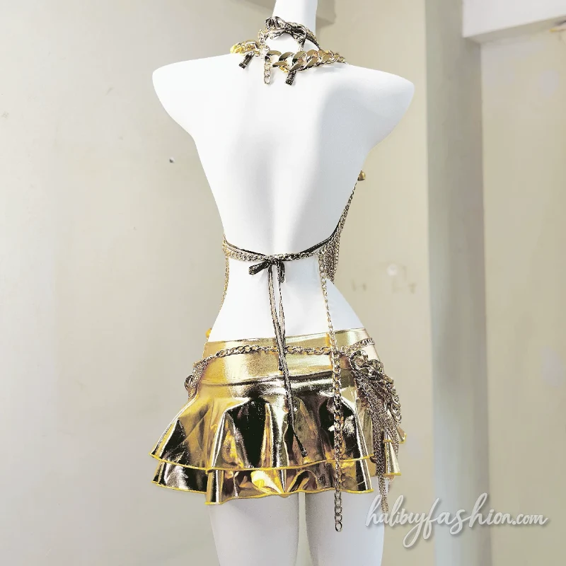 Halter self tie v neck metal chain backless top