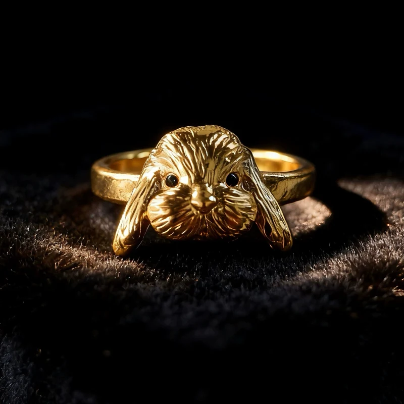 Gothic-Ring für Damen mit 3D-Hasenkopf-Motiv und offenen Bändern.